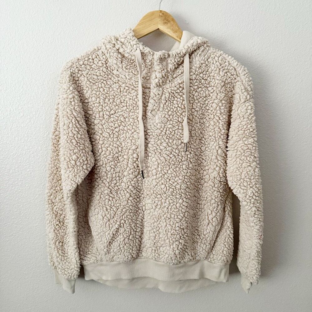 Z BY ZELLA | Beige Ivory Cozy Teddy Bear Faux Shearling Pullover Hoodie | Small - Picture 2 of 9
